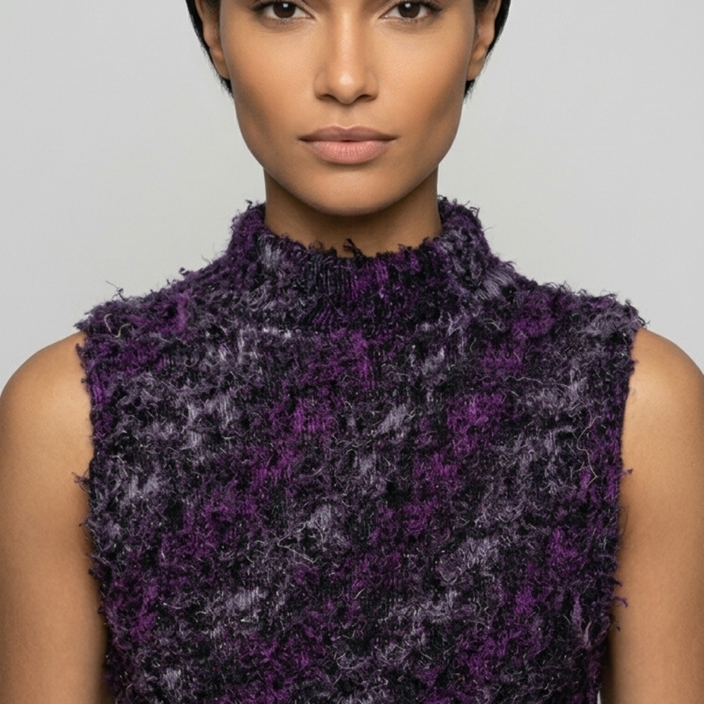Ninety Purple and Black Fuzzy Sleeveless Mock Neck Sweater